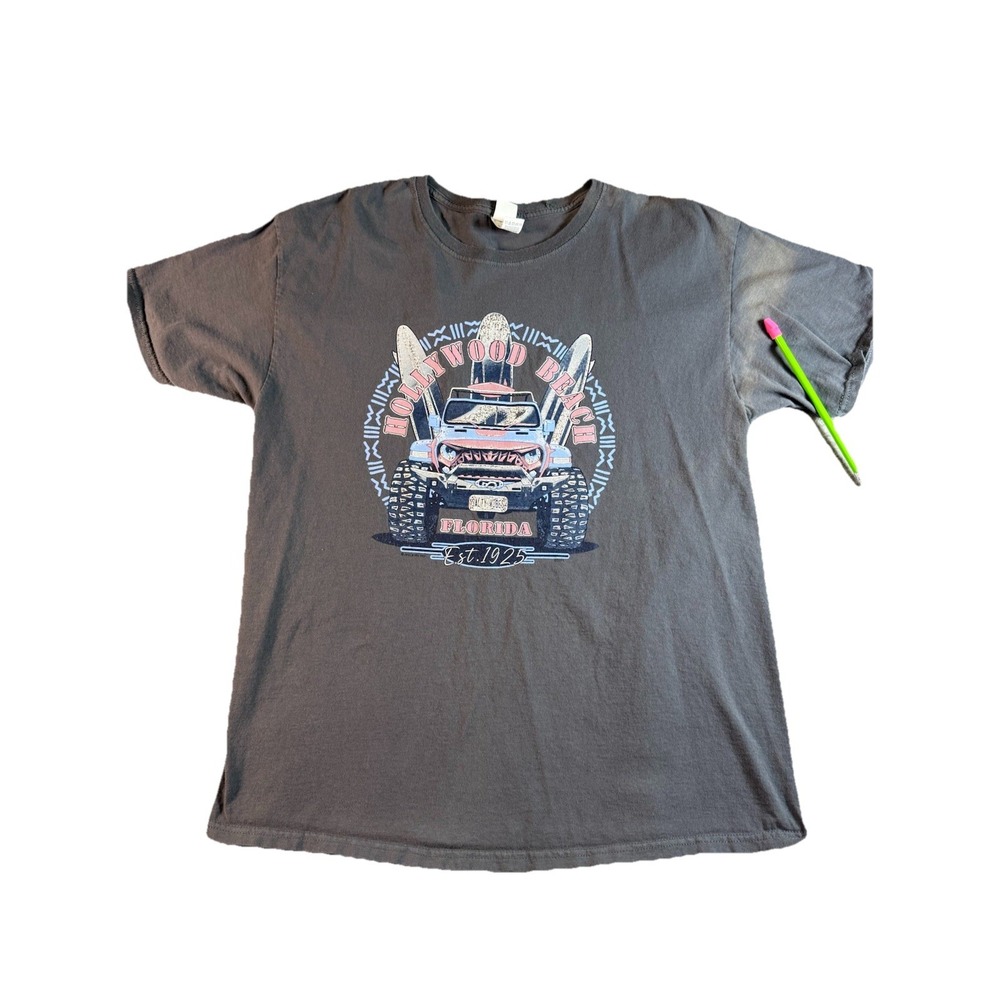 Hollywood Beach Florida Graphic T Shirt Gray Surf Jeep Casual Tee Size‎ L